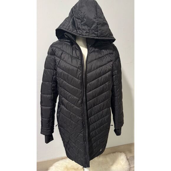 Spyder Black puffer thermal Hooded quilted long jacket front zipper L - Picture 3 of 15